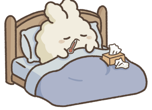 A fluffy bunny tucked into bed with a thermometer and tissues